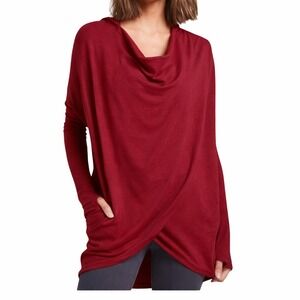 Athleta Purana Wrap Sweatshirt Cardigan Burgundy Red Hooded Thumbholes Large